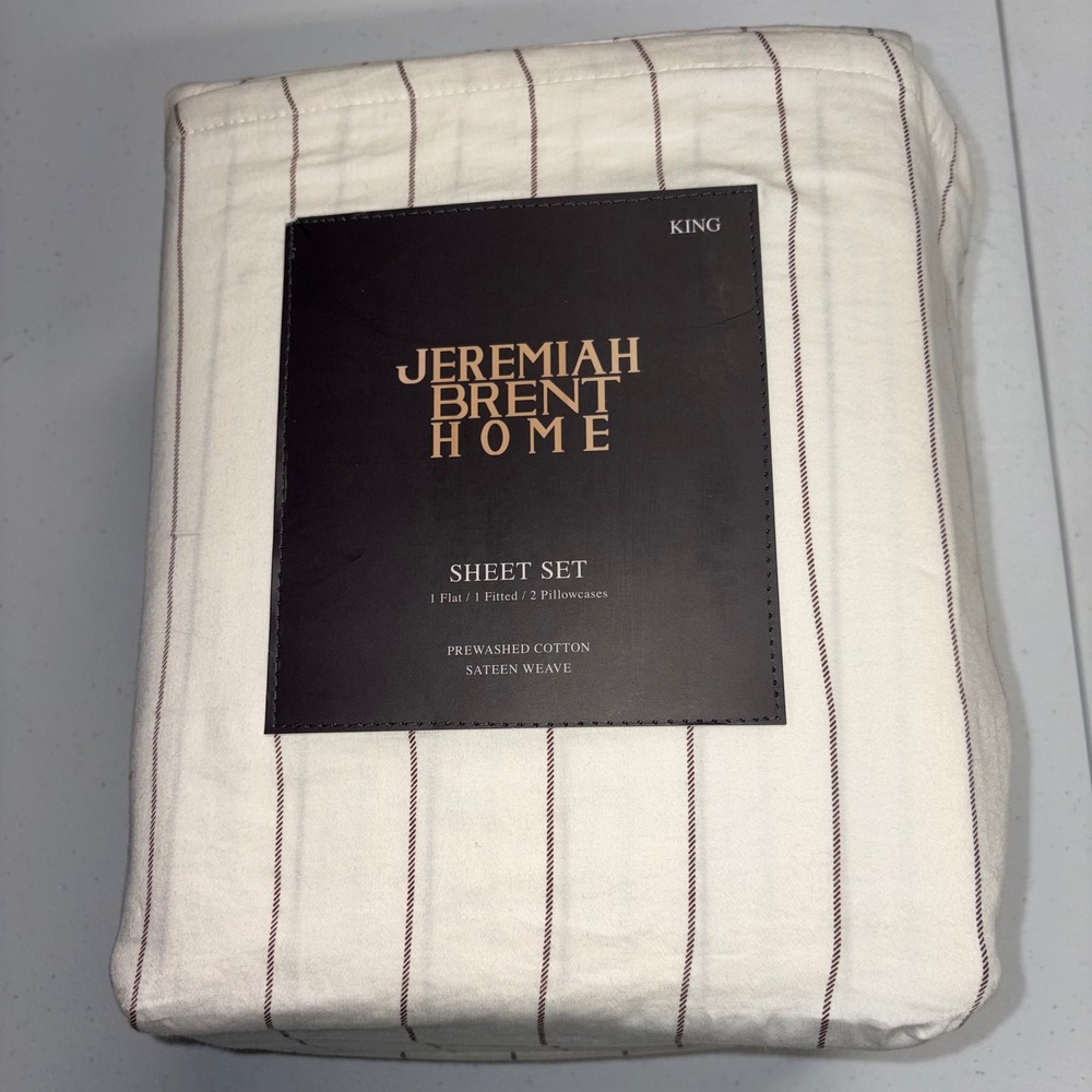 Jeremiah Brent Home King Sheet Set 100% Cotton Sateen Chalk Stripe Raisin 4pc